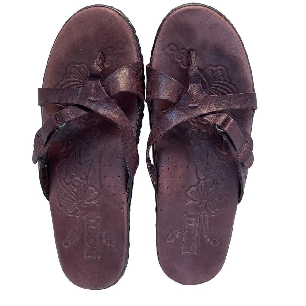 Born Womens Leather Floral Embossed Thong Slide Sandals Brown Size 6.5